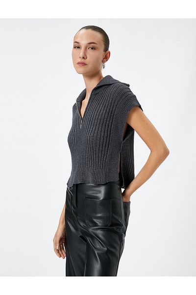 Koton Ribbed Knitted Sweater with Stand Collar and Half Zipper