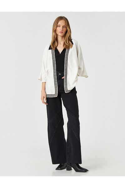 Koton Kurzer Kimono mit Ethno-Details, kurzen Ärmeln aus Leinenmischung