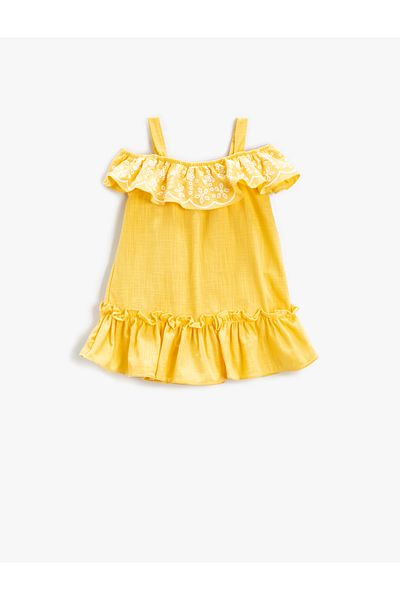 Koton Dress Midi Ruffled Embroidery Detailed Strap