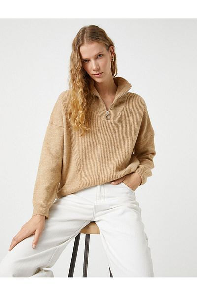 Koton Oversize Knitwear Sweater High Collar Half Zipper