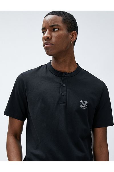 Koton Collar T-Shirt Buttoned Dog Embroidered Slim Fit Cotton