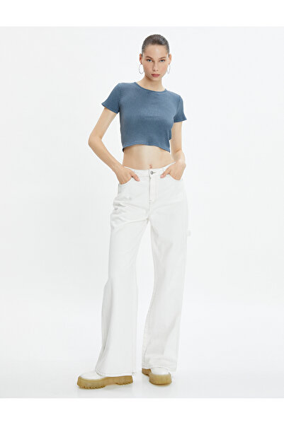 Koton Изпрана тениска с къси ръкави и кръгло деколте, рипсиран памук