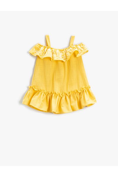 Koton Dress Midi Ruffled Embroidery Detailed Strap