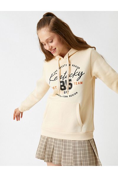 Koton Printed College Sweatshirt Hooded with Pocket Fleece Inside