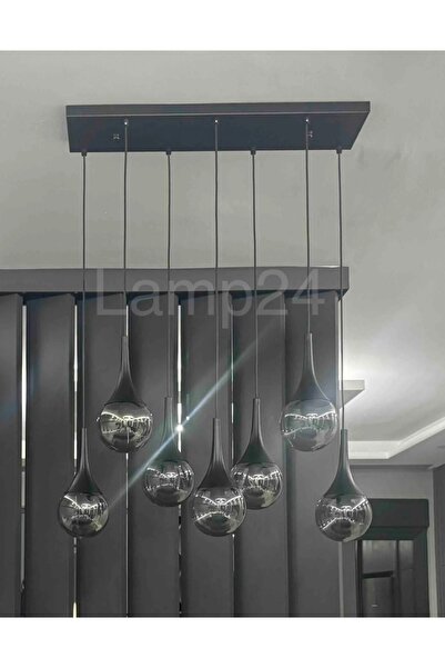 Lamp24 Damla Serisi 7'li Füme Glop Camlı Yemek Masası Avizesi