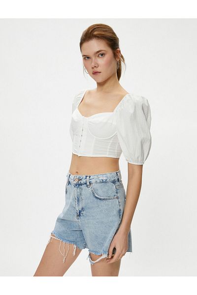 Koton Kurze Bluse mit Korsett, detaillierter Verschluss, Ballonärmel, Herzkragen