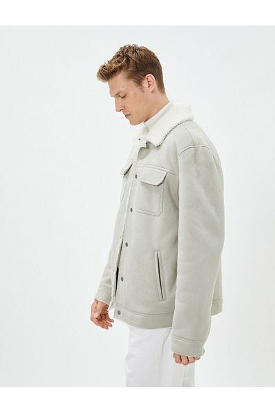 Koton Suede Look Jacket Inside with Plush Pocket Detail and Snap Buttons