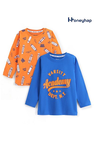 Honeyhap 2 Pack Premium Cotton Full Sleeves T-Shirt Skateboard & Text Print - Tangerine & Daphne