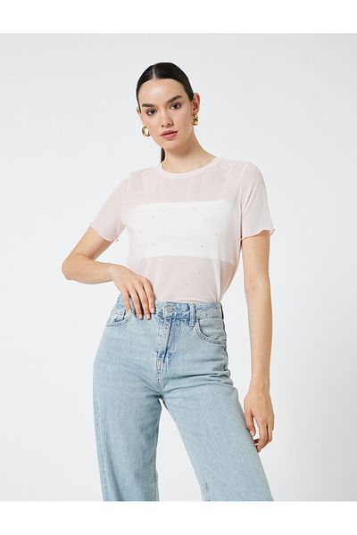 Koton Transparent T-Shirt Stone Detailed Short Sleeve