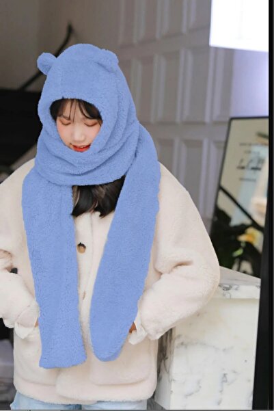 İpek Tekstil Winter Bear Hat Kerchief Versatile Cute Plush Ear Protection Scarf
