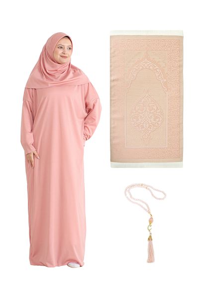 Modish Group Prayer Dress Scarf Prayer Rug Rosary Set, Islamic Clothing Suit Ferace Turban Shawl