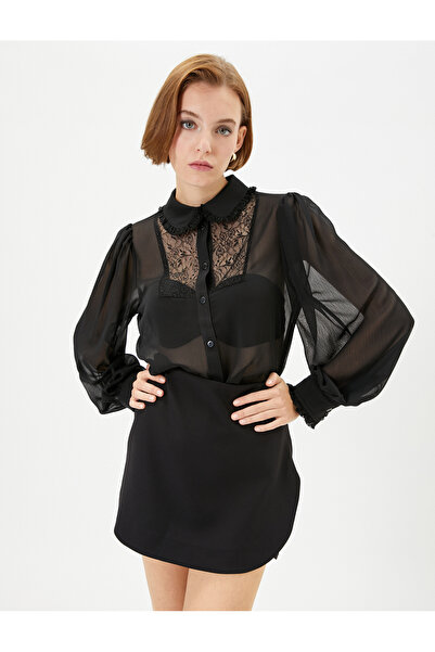 Koton Πουκάμισο σιφόν Διαφανές Δαντέλα Λεπτομερές μανίκι μπαλόνι με κουμπιά