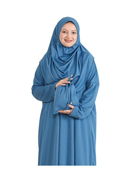 Modish Group Pockets Prayer Dress Scarf Ready Hijab Clothing Turban Muslim Clothes Suit - Indigo