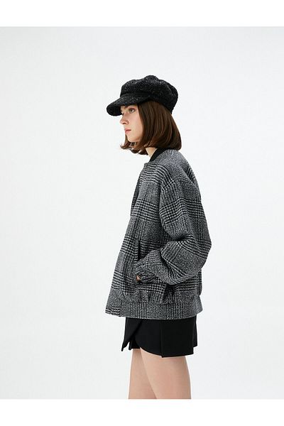 Koton Bomber Jacket Tweed Textured Snap Button