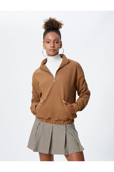 Koton Half Zipper Sweatshirt Kangaroo Pocket Ruffle Detail Stand Collar