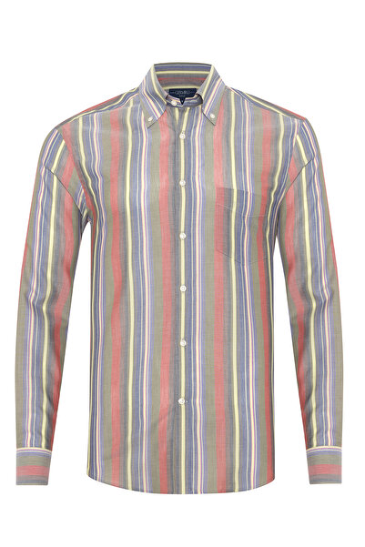Germirli Renkli Vintage Kalın Çizgili Düğmeli Yaka Cepli Tailor Fit Pamuk Gömlek