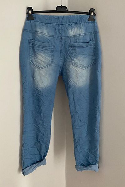 AYASOFYA OTANTIK Pantaloni de jeans skinny italieni albastru deschis pentru femei, cu talie elastică, tăiați cu laser, cu paiete, petice cu stea