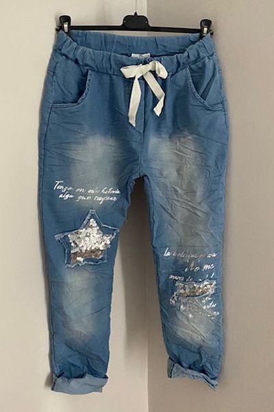 AYASOFYA OTANTIK Pantaloni de jeans skinny italieni albastru deschis pentru femei, cu talie elastică, tăiați cu laser, cu paiete, petice cu stea