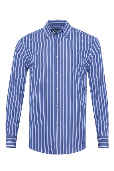 Germirli Dark Blue Striped Button Collar Exclusive Tailor Fit Cotton Shirt