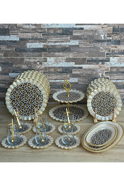 Hediye Köşkü 34 parça 6 kişilik Leopar Cam Kahvaltı Seti