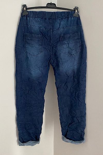 AYASOFYA OTANTIK Pantaloni de jeans skinny italieni de damă, albastru închis, cu talie elastică, tăiați cu laser, cu paiete, petice cu stea
