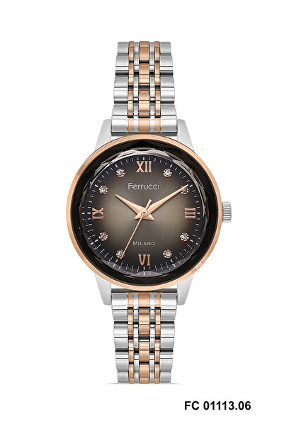 Ferrucci CHOCOLATE YUVARLAK KADRANLI KESME CAMLI RAKAMLARI TAŞLI BİCOLOR SİLVER-ROSEGOLD KADIN KOL SAATİ