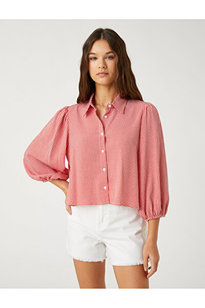 Koton Viskóz léggömb ujjú túlméretes ing - Gingham és gombos