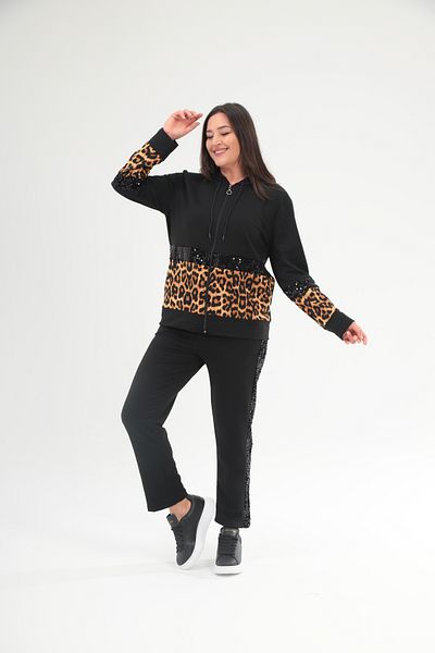 Şans Plus Size Leopard and Sequins Sequined Black Hooded Tracksuit Set - 65N38695