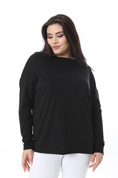 Şans Women's Plus Size Black Crew Neck Long Sleeve Blouse 65N38538