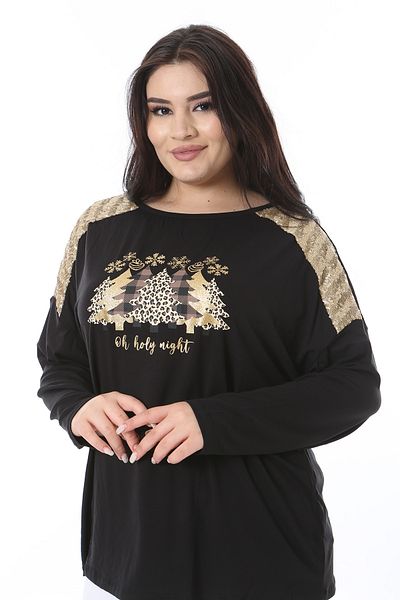 Şans Women's Plus Size Black Sequin and Glitter Detail Long Sleeve Lycra Blouse 65N38537