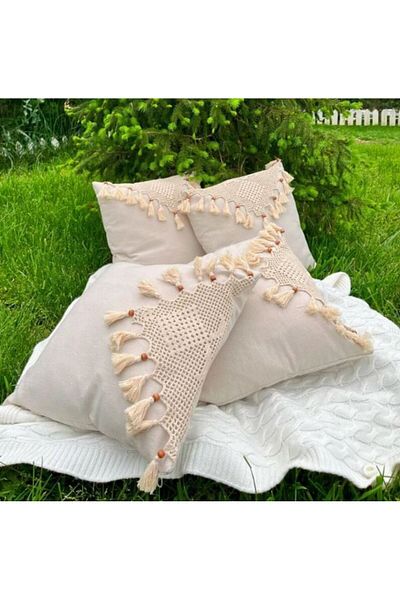 TUNCAY TEKSTİL 4-Piece Bohemian Style Cotton Linen Throw Pillow Cover with Hand Lace and Knit Rope Embroidery
