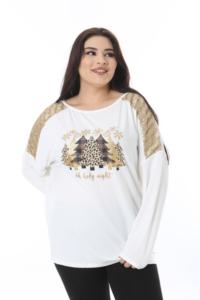 Şans Women's Plus Size Bone Sequin and Glitter Detail Long Sleeve Lycra Blouse 65N38537