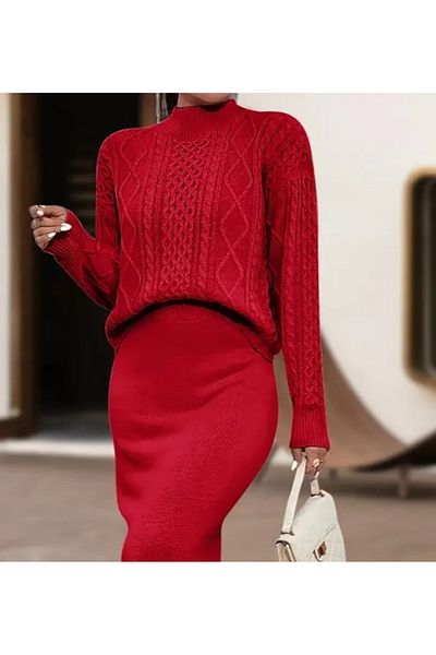 MODAVERA    Women's Long Sleeve Turtleneck Blouse and Skirt Double Knitwear Set