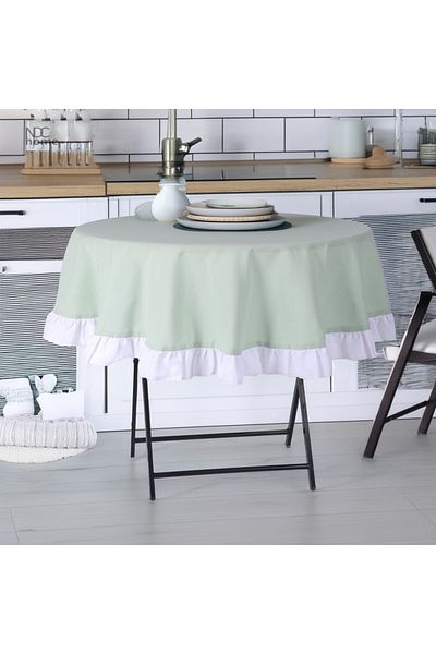 NDC HOME Față de masă rotundă (albă) cu volane din in verde