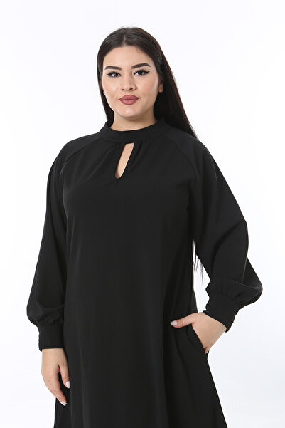 Şans Women's Plus Size Black Neckline Detailed Cuffed Lycra Crepe Fabric Dress 65N38491