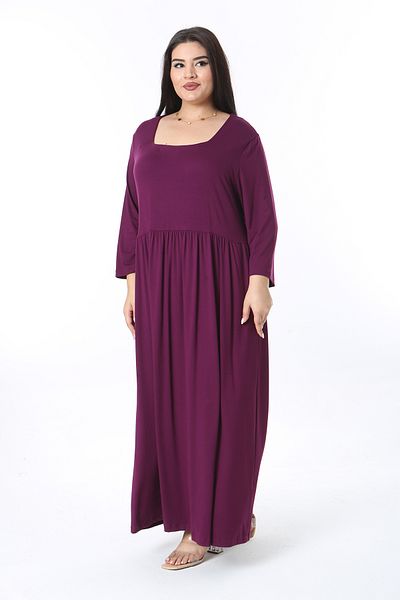 Şans Plus Size Plum Color Relaxed Fit Square Neck - Kspri Sleeves Waist Drawstring Dress 65N38490