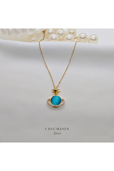 CHICMOON STORE قلادة زحل زرقاء مع حجر الزركون الذهبي الصلب