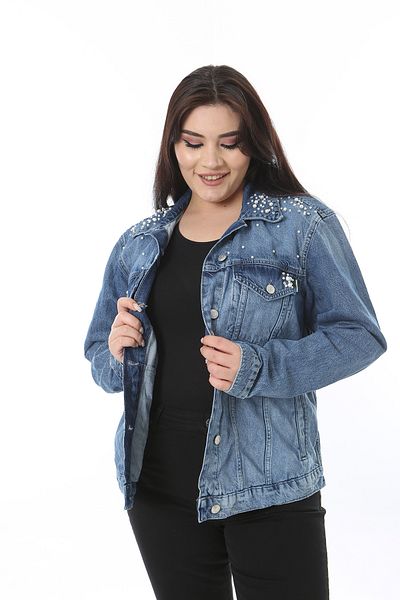 Şans Women's Plus Size Blue Pearl and Stone Jeans Coat 65N38495