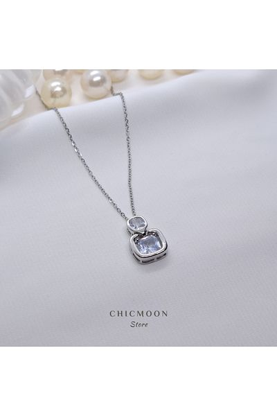 CHICMOON STORE Silver Color Birthstone Stone Square Steel Necklace