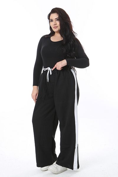 Şans Pantaloni de trening pentru femei, mărime mare, negru, cu trei fire în interior, cu dungi laterale, fund 65N38505