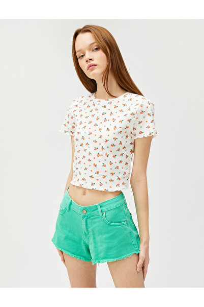 Koton Crop Tričko Květinové Crew Neck Krátký Rukáv Bavlna