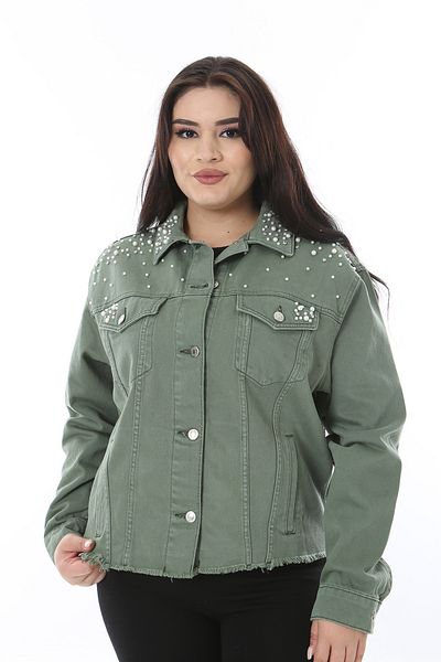 Şans Women's Plus Size Khaki Pearl and Stonework Denim Coat 65N38492