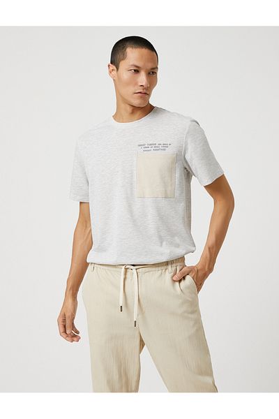 Koton Slogan Embroidered T-Shirt Pocket Detailed Crew Neck
