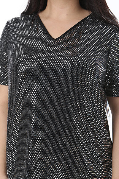 Şans Γυναικεία Μπλούζα Plus Size Ασημί V λαιμόκοψη με παγιέτες 65N38510