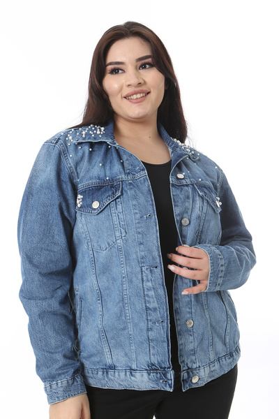 Şans Kadın Büyük Beden Mavi İnci Ve Taş İşli Kot Mont 65N38495