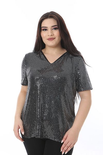 Şans Γυναικεία Μπλούζα Plus Size Ασημί V λαιμόκοψη με παγιέτες 65N38510