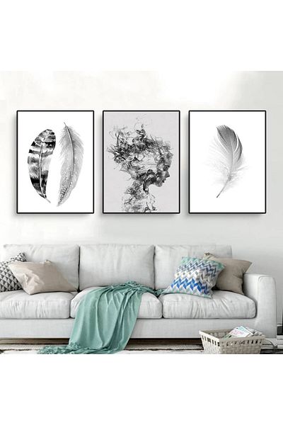Linacci Triple Black Metal Frame Feather Women's Modern Glass Painting Set