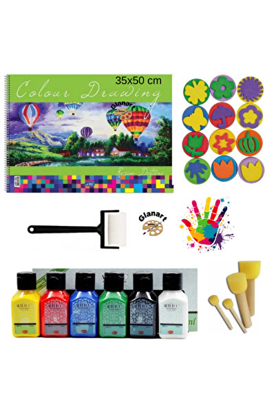 Glanart 35x50 resim defteri + artdeco 6x70 ml parmak boyası seti ponpon fırça...