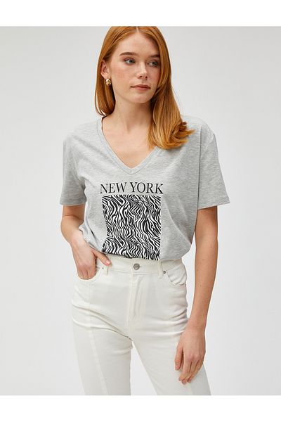 Koton Short Sleeve T-Shirt Zebra Printed V Neck