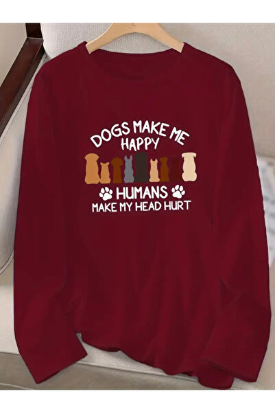 buğrahayalin Women's Long Sleeve Crew Neck Dog Picture Viscose Blouse